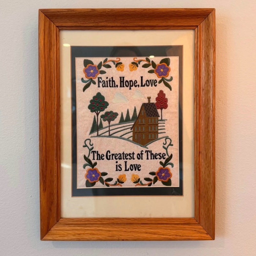 Vintage Cottage Core Framed Embroidered Wall Hanging